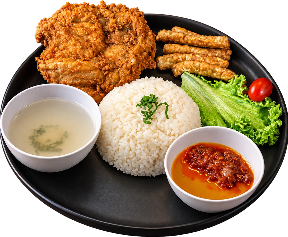 Ayam goreng bersama nasi, tempe, sup dan sambal FZL Kitchen