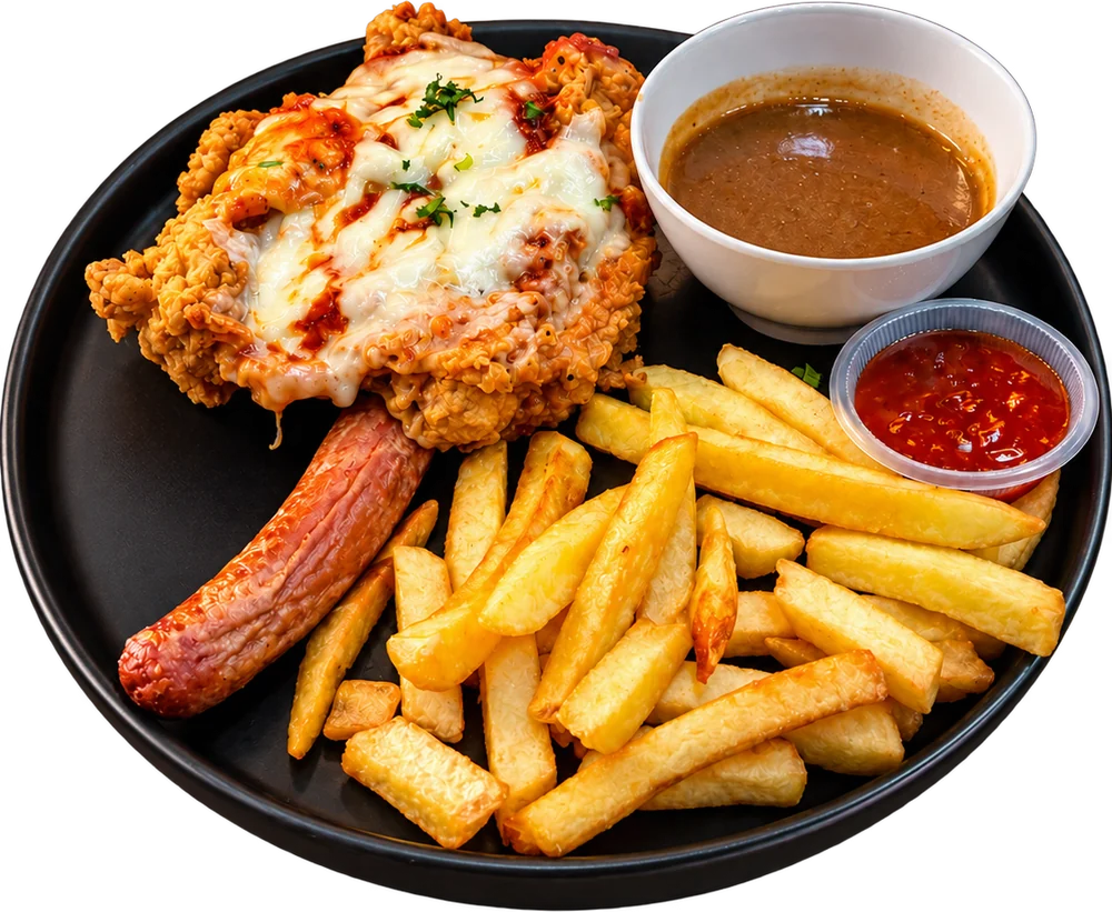 Chicken chop keju bersama kentang goreng, sosej dan sos FZL Kitchen