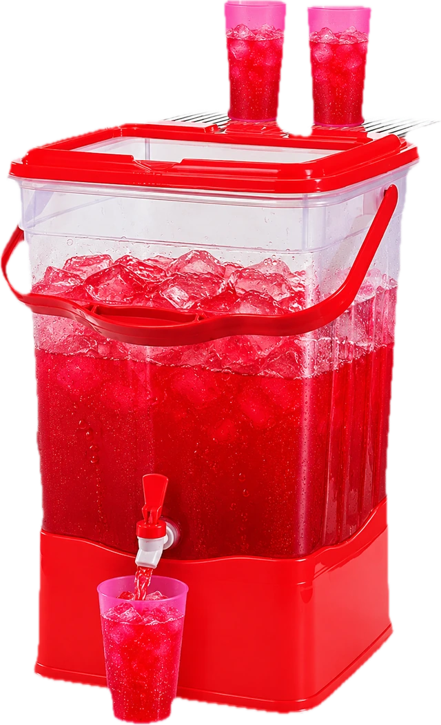Sirap ais dalam dispenser merah bersama tiga cawan sirap Sirap ais dalam dispenser merah bersama tiga cawan sirap